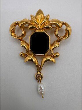 Avon Black Onyx Pearl Dangle Brooch Gold Tone Fleur De Lis Vintage Pin